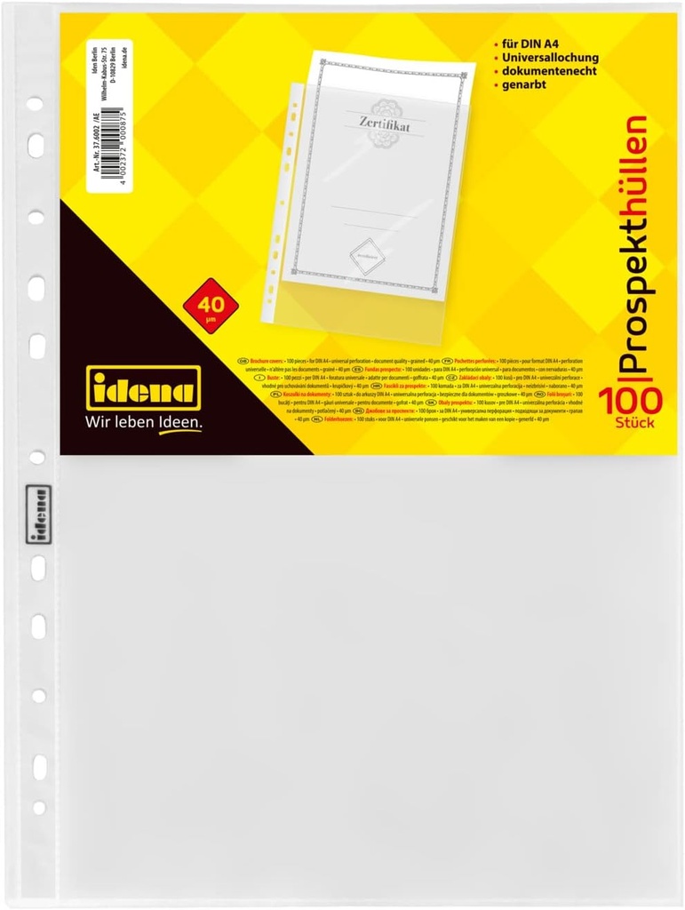 Idena 376002 - Buzunar dimensiune DIN A4, granulat, 40µ, 100 buc
