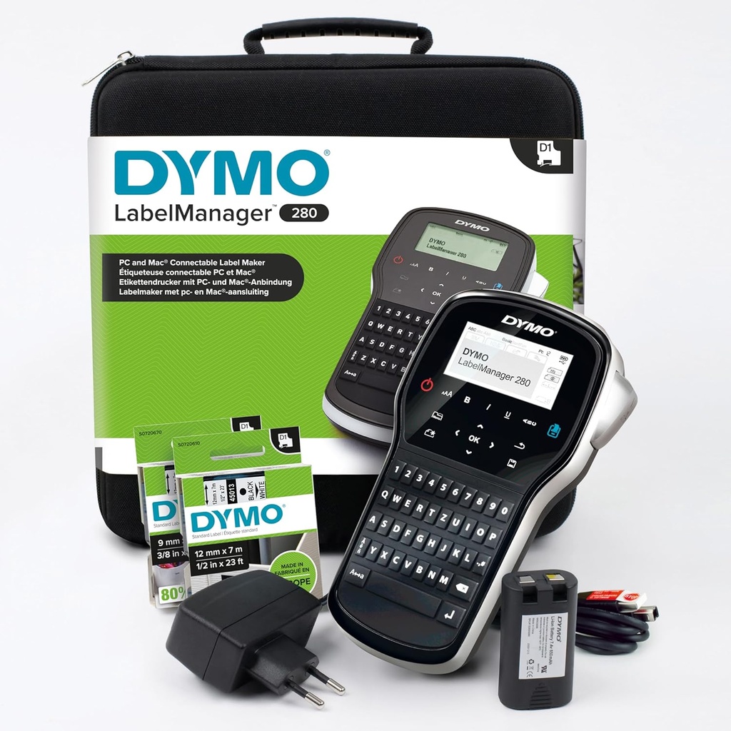 Kit de imprimantă de etichete portabilă reîncărcabilă DYMO LabelManager 280, tastatură QWERTY, cu 2 role de etichete D1 și husă de transport
