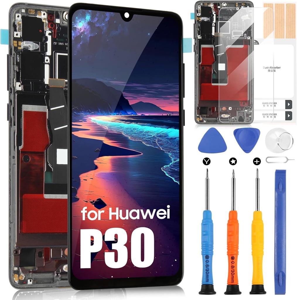 Display LCD pentru Huawei P30, Display pentru Huawei P30 ELE-L29 ELE-L09 ELE-AL00 ELE-TL00 ELE-L04 Ecran LCD de înlocuire Ecran tactil Digitazer Asamblare completă cu instrumente (negru cu cadru)