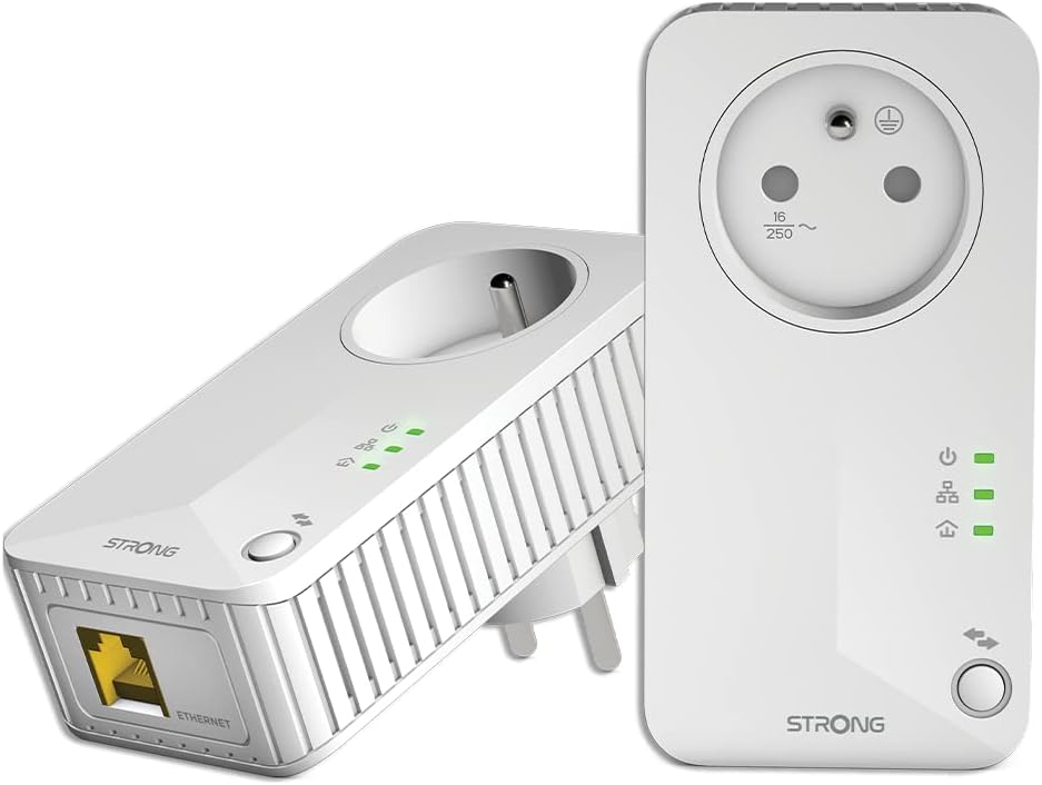 STRONG - Kit Powerline 600 - Prize Duo Powerline - Kit Powerline - 600 Mbps - Compatibil cu orice cutie/Router - Port Ethernet + Soclu filtrat - Instalare rapidă - Internet de mare viteză peste tot -POWERL600DUOFRV2
