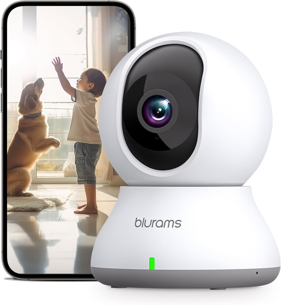 Cameră de supraveghere interioară Blurams 2K, Cameră WiFi 360°, Cameră pentru animale de companie cu viziune nocturnă cu urmărire a mișcării cu sunet bidirecțional, compatibil cu Alexa și Google (Wi-Fi de 2,4 GHz)