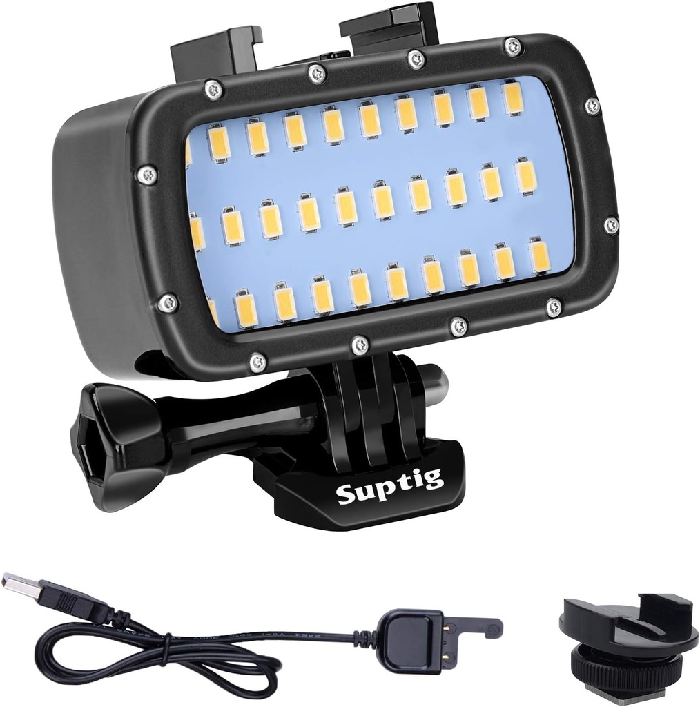 Lumină video LED Suptig 30, lumină subacvatică rezistentă la apă, compatibilă cu GoPro Hero 13/Hero 12/11/10/9/8/7/6/5/4/3/3+ Hero Session și Canon, Nikon, camere DSLR Sony, rezistentă la apă 55 m