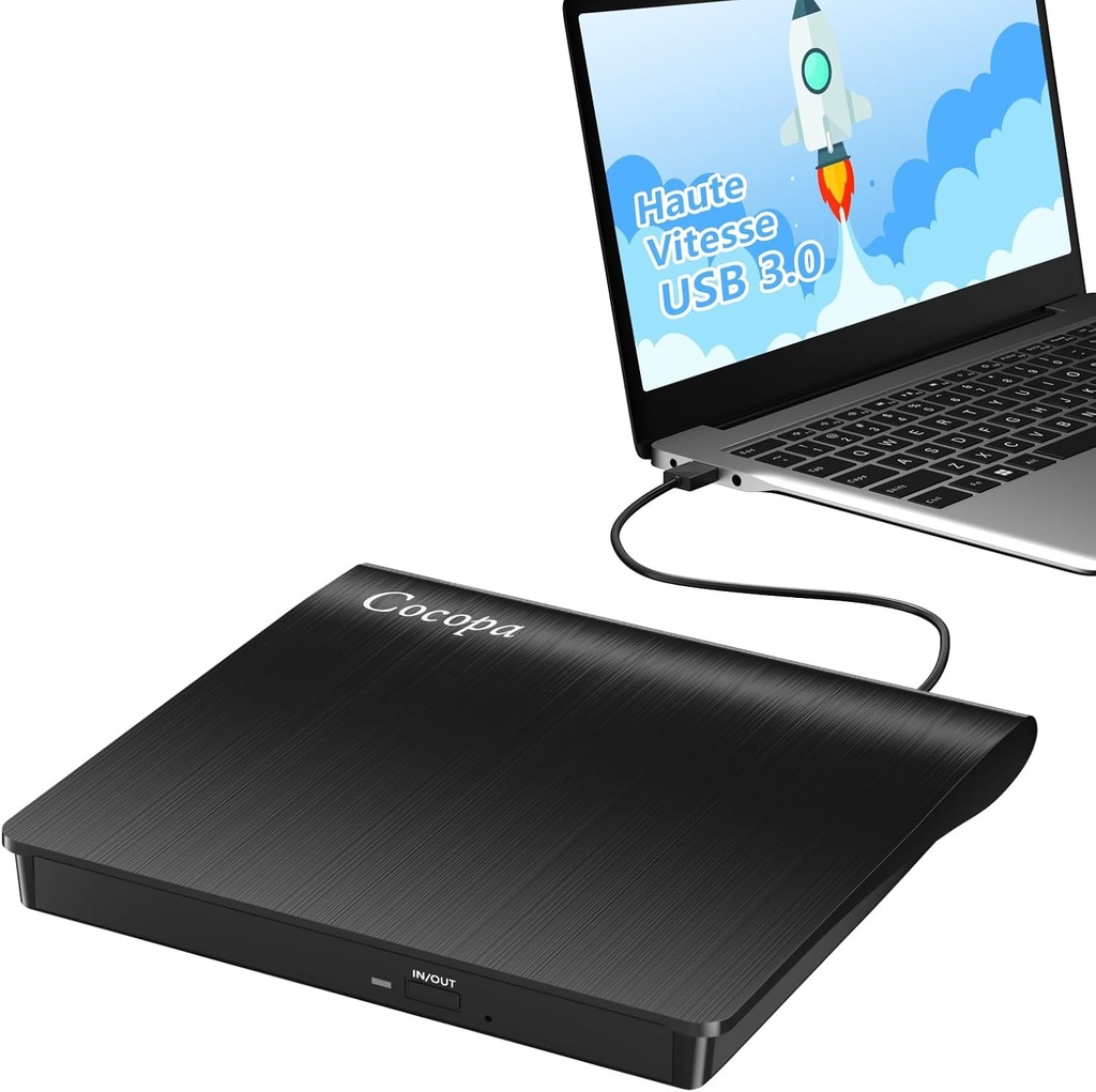 Unitate CD/DVD externa Cocopa pentru PC, USB 3.0 Portable RW/ROM Burner Writer Transmisie rapida subtire Cablu USB incorporat Windows/Mac OS Apple/iMac/Macbook/Laptop/Desktop/PC Negru