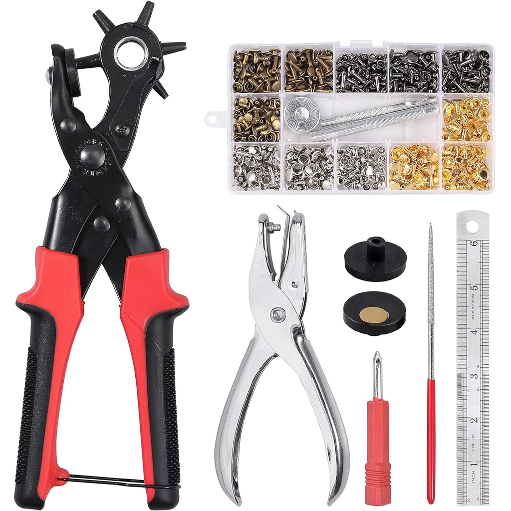 Set de perforare Kamtop, perforator din piele cu 240 set de nituri cu capac dublu din piele, clește de perforare pentru centură de rezistență cu 6 găuri, perforator rotativ, set de instrumente pentru meserii, pantofi, genți, țesătură