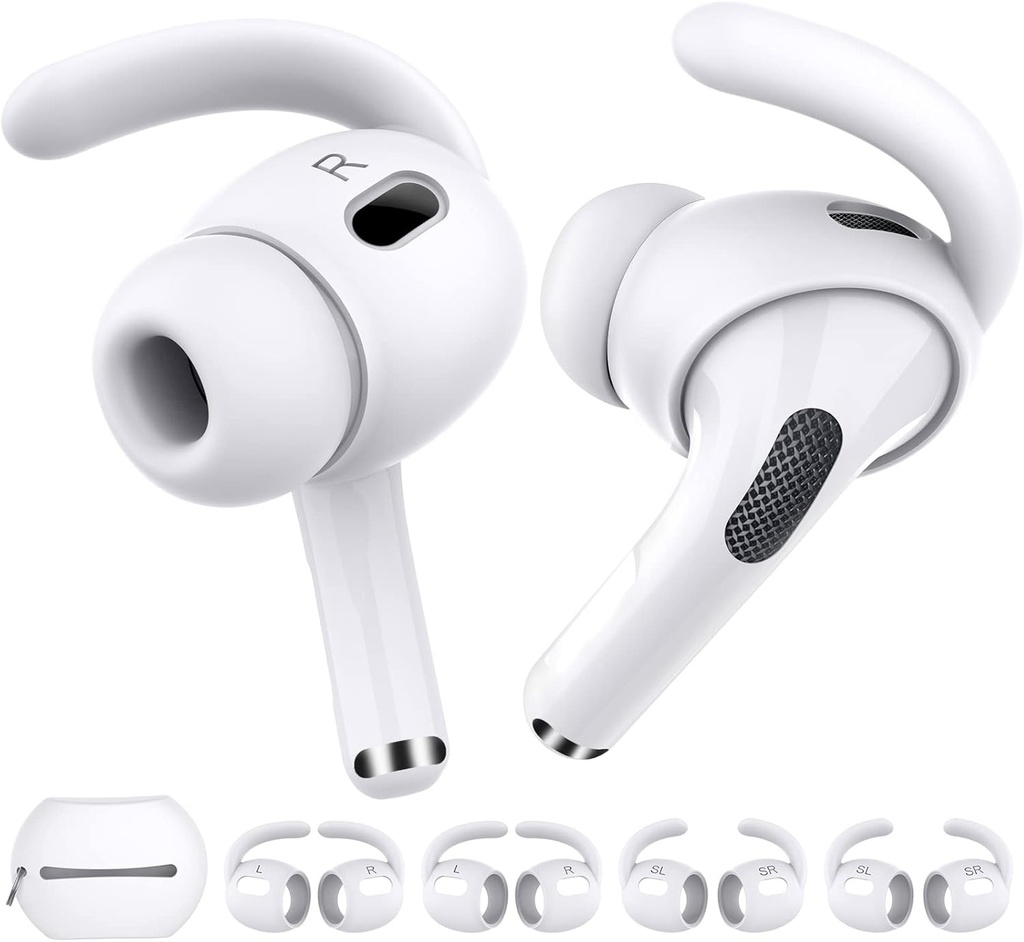 AhaStyle 4 perechi de carlige pentru urechi AirPods Pro 2 cu sac de depozitare suplimentar, huse pentru urechi anti-alunecare, accesorii din silicon, compatibile cu Apple AirPods Pro a doua generatie (2 mari + 2 mici, alb)