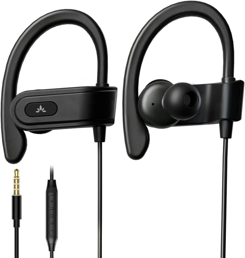 Avantree E171 - Casti sport cu fir AUX de 3,5 mm cu microfon, rezistente la transpiratie, pentru alergare, casti supraear cu carlig pentru ureche, casti pentru antrenament, antrenament, sala de sport - negru