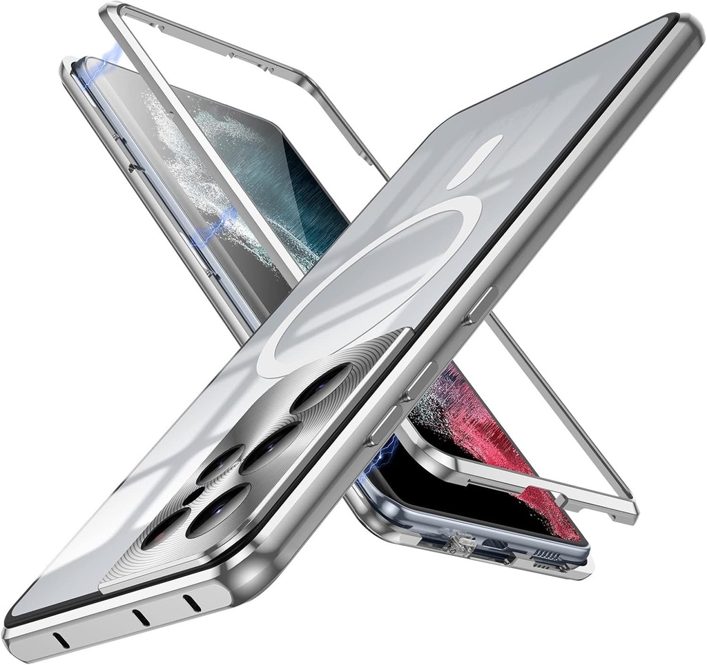 Husa magnetica MeiyueEr pentru Samsung Galaxy S21 Ultra, compatibila cu husa magnetica MagSafe, bara de protectie metalica cu adsorbtie magnetica + 1 sticla securizata pentru S21 Ultra - argintiu magnetic