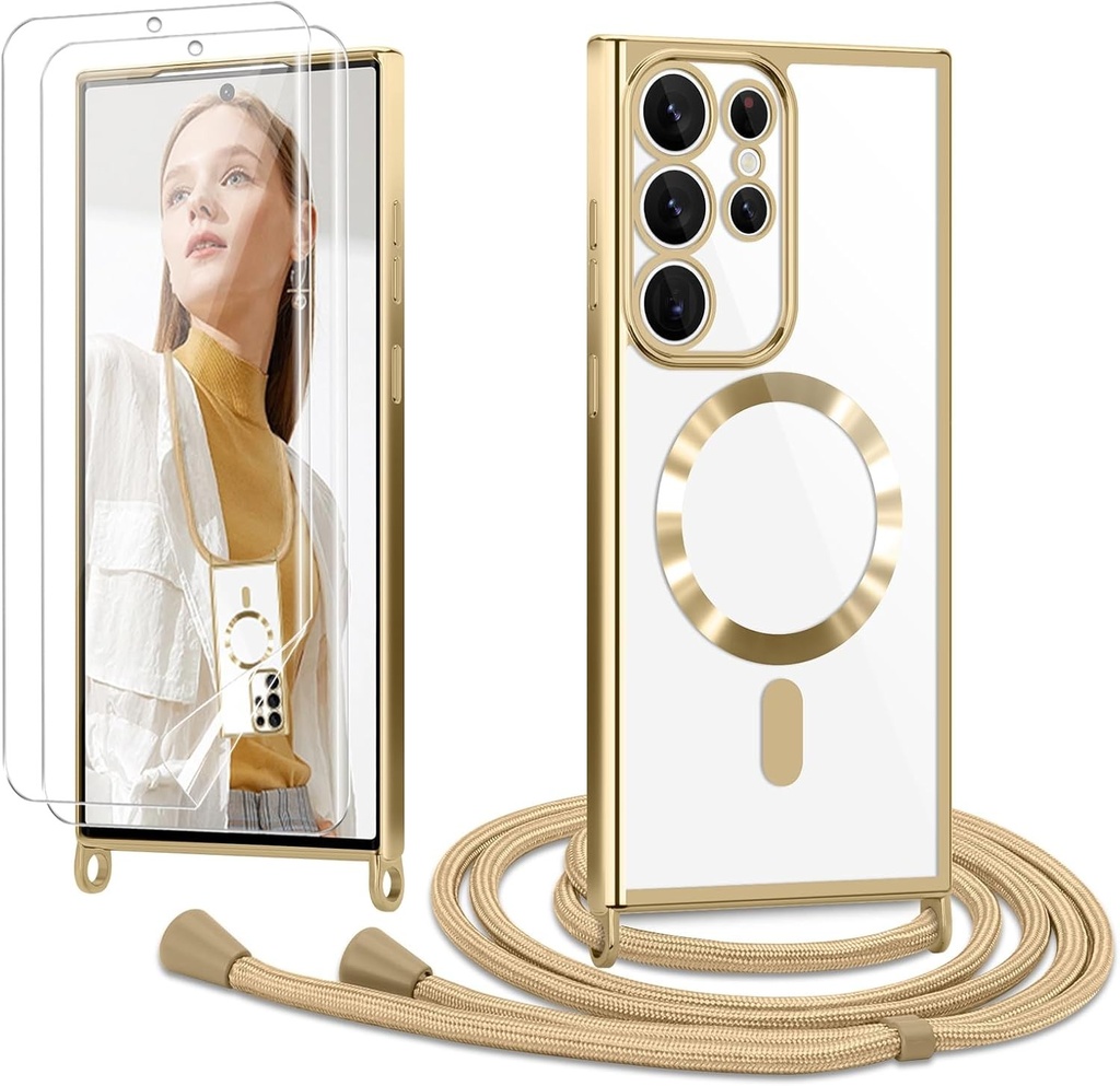 Ethanger Lant pentru telefon mobil pentru Samsung Galaxy S23 Ultra 5G Husa cu curea + 2 bucati de protectie ecran Husa transparenta din silicon pentru telefon mobil Husa de protectie magnetica pentru cablu de agatat pentru Samsung S23 Ultra Gold