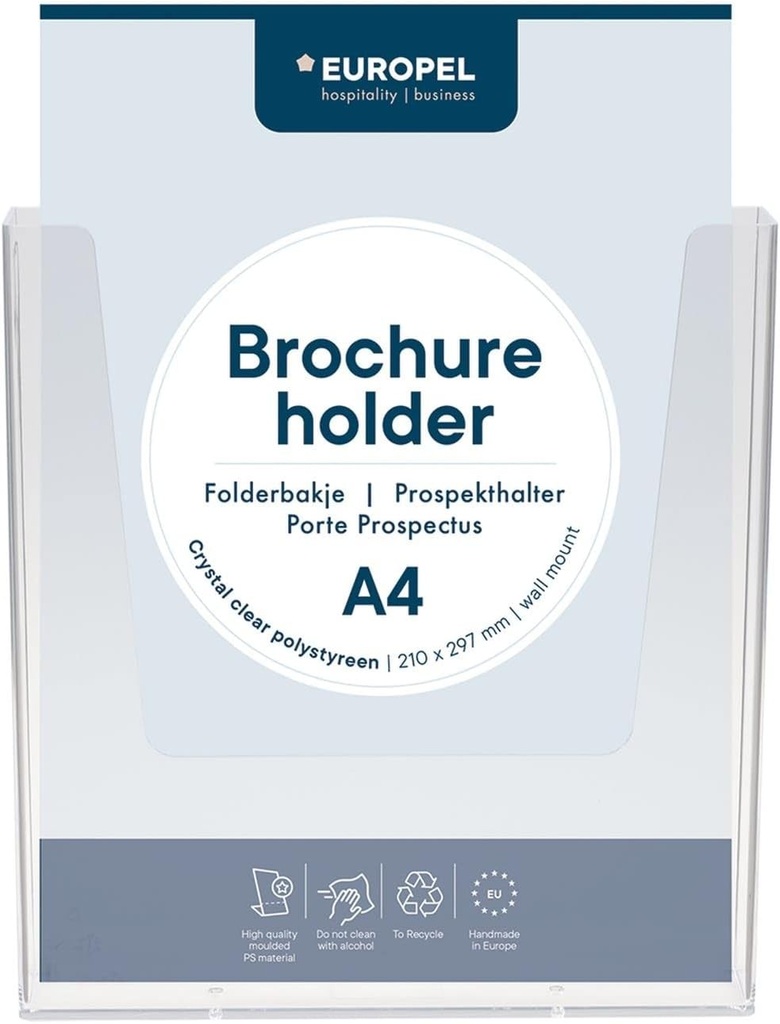 Suport pentru brosuri EUROPEL A4, acrilic transparent, montat pe perete, afisaj, distribuitor, pliant, brosura, meniu, birou, restaurant, hotel, cafenea