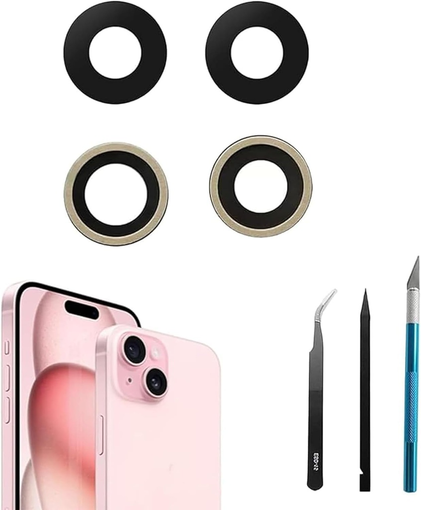 2 buc/set 15 Plus de înlocuire a lentilelor din sticlă pentru cameră din spate pentru iPhone 15 Înlocuire a lentilei din sticlă a camerei din spate cu set de instrumente de reparare, anti-zgârieturi