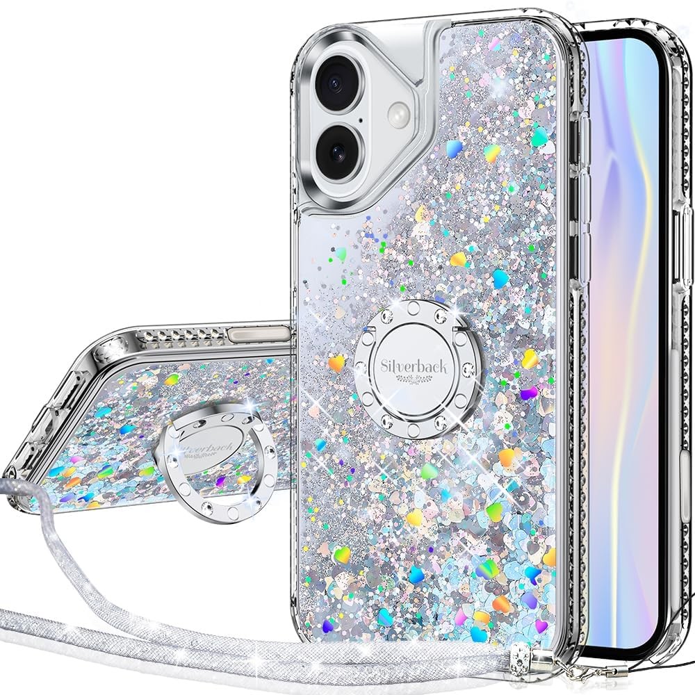 Husa Silverback pentru iPhone 16 Pro cu curea, cu sclipici pentru fete Husa cu lant pentru telefon mobil Husa inel de 360 ​​de grade Husa de protectie transparenta lichida pentru husa iPhone 16 Pro Max- Splitter