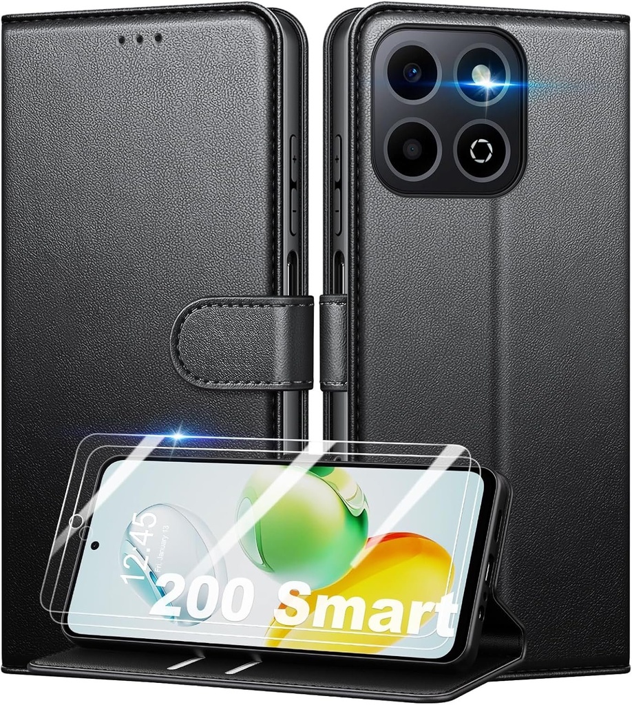 Husa Mofurd pentru Honor 200 Husa carte din piele inteligenta PU, [cu 2 protectie ecran din sticla securizata] Husa portofel rezistenta la socuri [Blocare RFID] [Functie suport] [Sloturi pentru card], negru