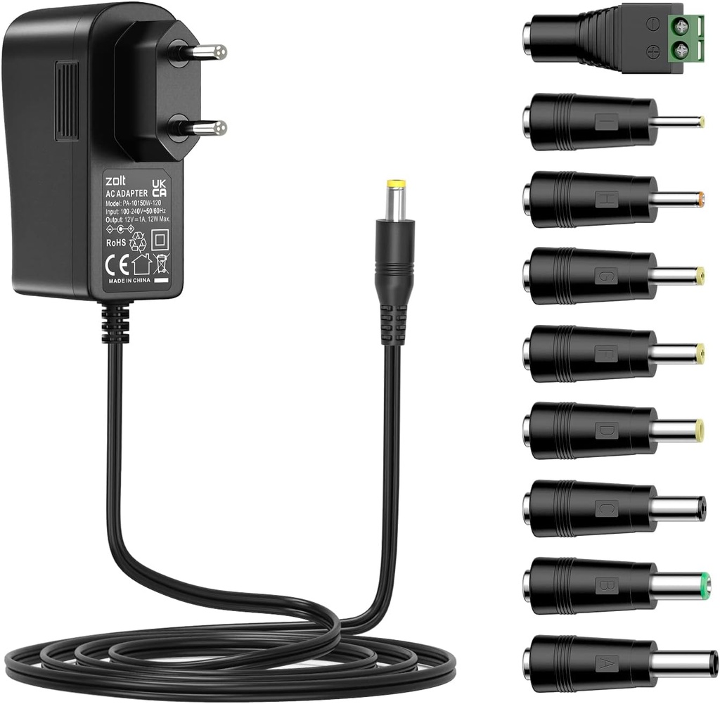 Zolt 12V 1A Sursă de alimentare universală, 12W AC DC adaptor cu 9 prize pentru electronice, 1000mA max.