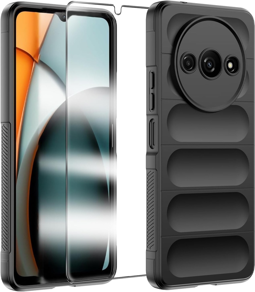 Husa KJYLPO pentru Xiaomi Redmi A3 4G, 1 x Film de protectie din sticla temperata din silicon lichid moale TPU Bumper (negru)
