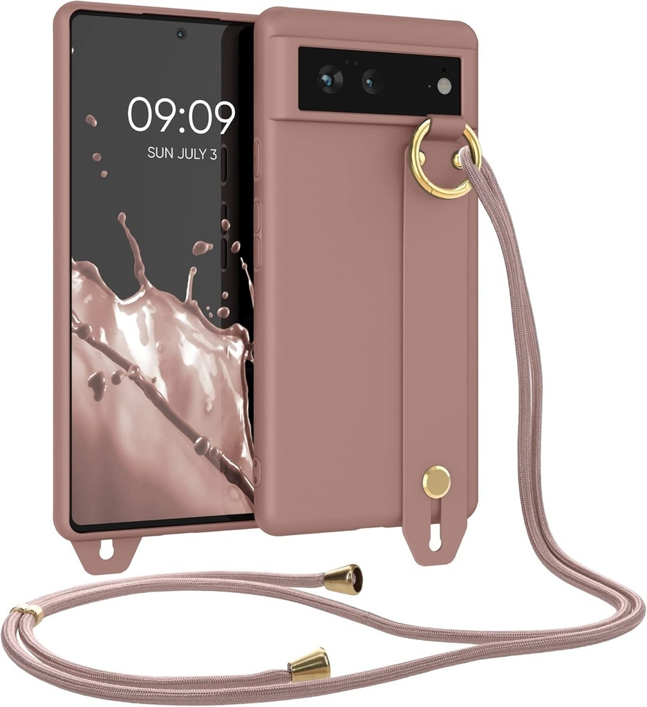 Husa kwmobile compatibila cu Google Pixel 6 - Husa TPU cu snur de colier si curea pentru suport pentru degete - trandafir de iarna