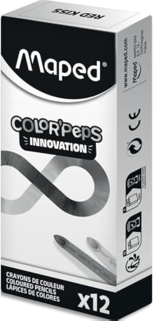 Maped - Creioane colorate - Colectia Color'Peps Infinity - 12 creioane rosii - Dureaza de 10 ori mai mult - Nu necesita ascutire - Maner triunghiular ergonomic - 0% deseuri 100% ECO