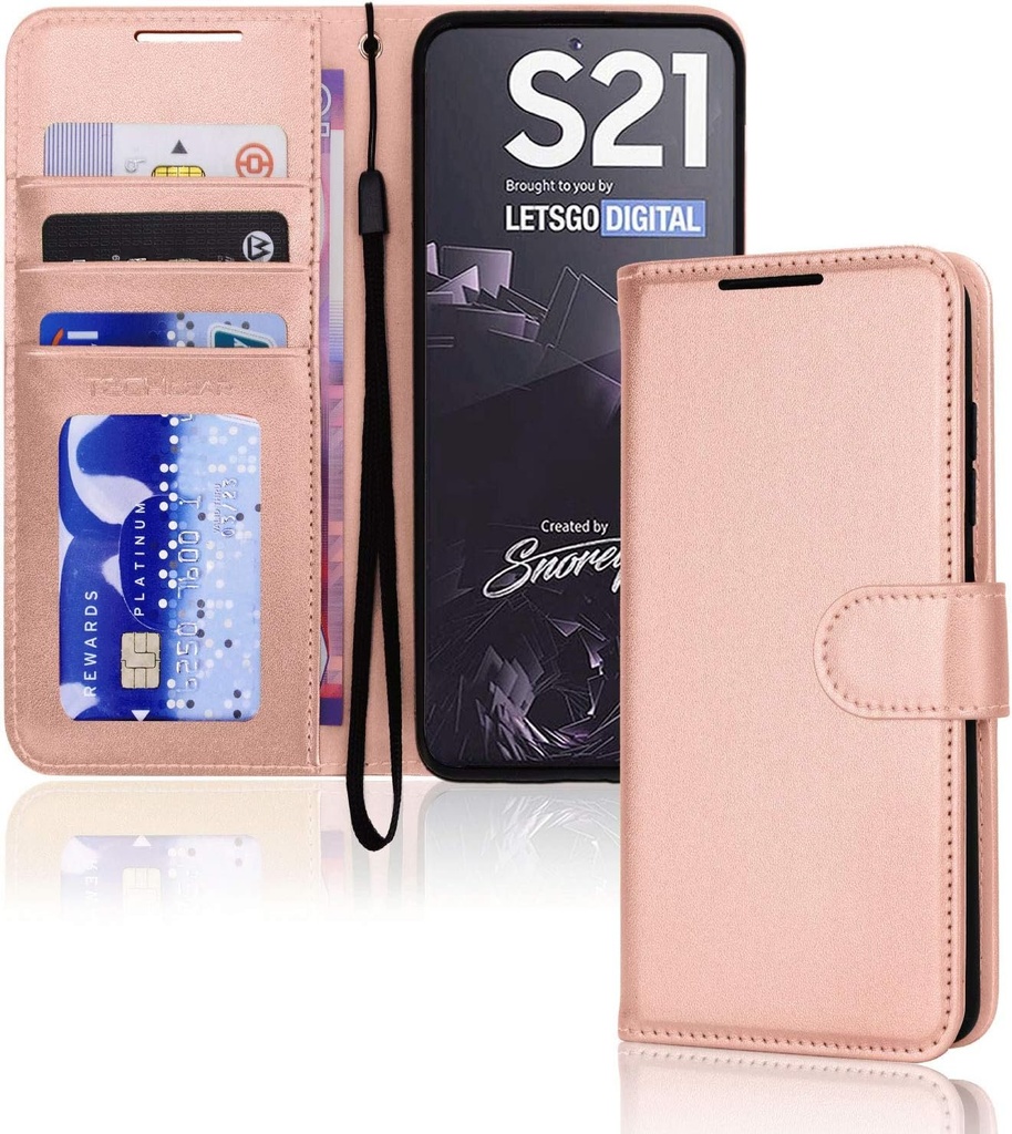 Husa portofel din piele TECHGEAR Galaxy S21, husa de protectie cu suport pentru card, suport si curea de mana - piele PU auriu roz cu inchidere magnetica Proiectata pentru Samsung S21 / 5G