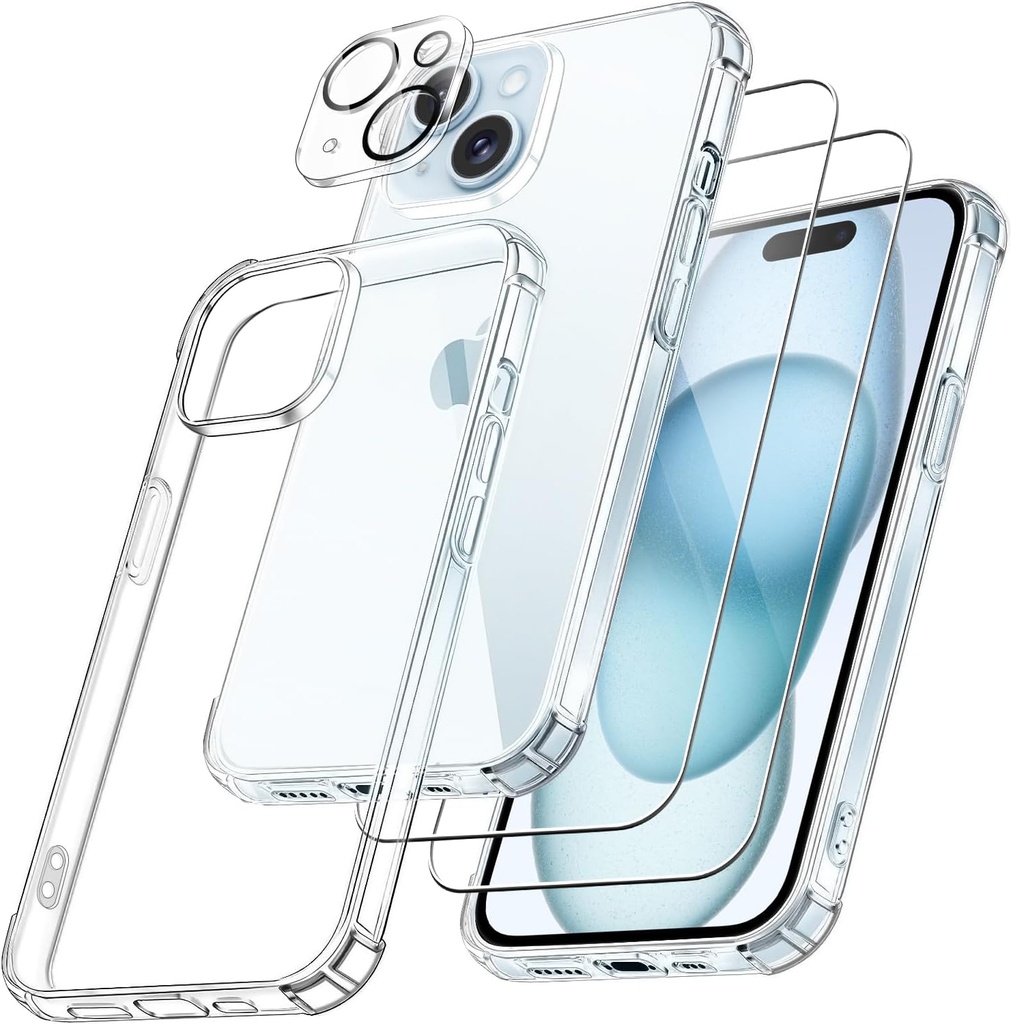 Husă FLLAO 4 în 1 pentru iPhone 15 cu 2 sticlă temperată și 1 protector pentru cameră, [pernă de aer încorporată] husă de protecție anti-zgârieturi anti-șoc pentru iPhone 15 6.1", transparentă