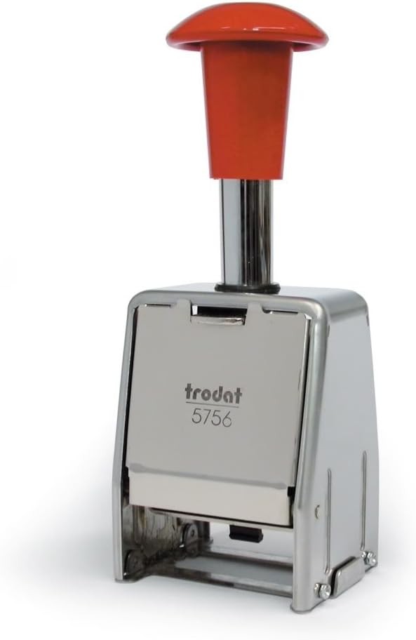 Stampila Trodat cu numerotare fixa ​​sau progresiva, cu autocerneala automata, structura metalica 5756/M, inaltime caractere 5,5 mm, font roman, 6 cifre, 8 setari, cartus negru inclus