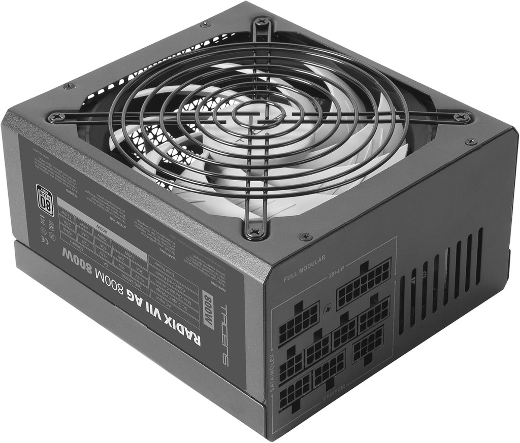 Tacens RADIX VII AG 800, Sursa de alimentare complet modulara ATX 800W, 80Plus argint, +87% eficienta, ventilator FDB de 140 mm cu tehnologie AI-RPM, condensatori japonezi 105º, negru