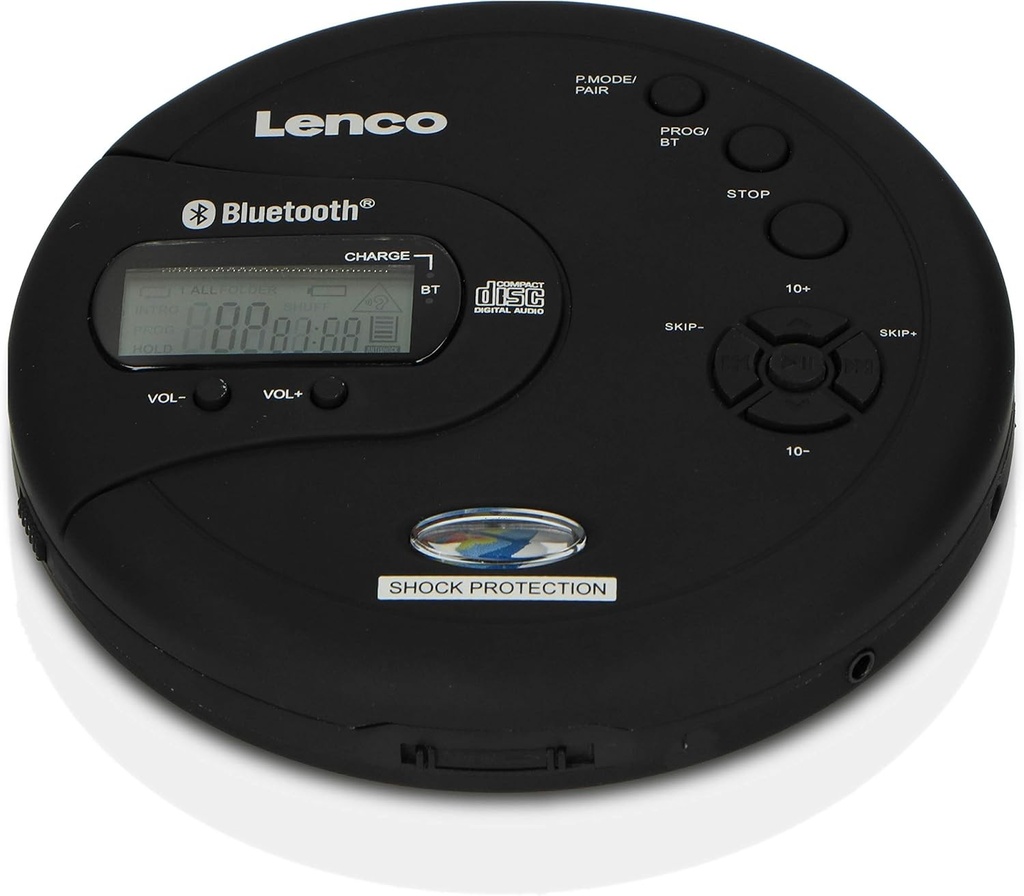 Lenco CD-300 - CD Player portabil Walkman - Discman Bluetooth - CD Walkman - Functie MP3 - Antisoc - Baterie 2 x 2000mAh - Casti - Cablu de incarcare Micro USB - Negru