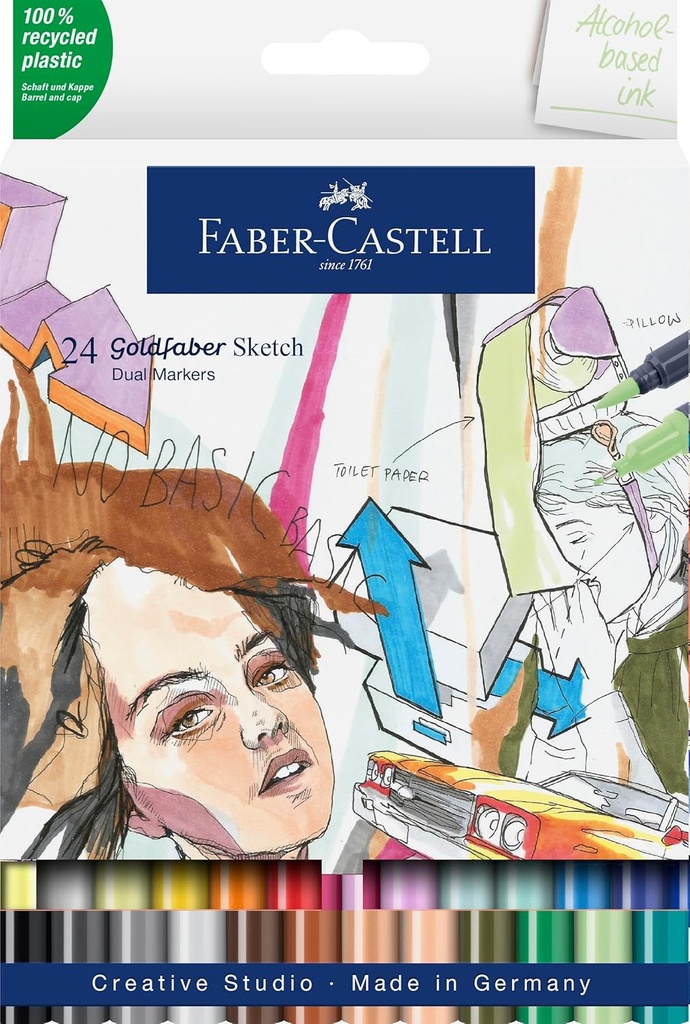 Faber-Castell 164724 - Goldfaber Sketch Marker, cutie de 24 de piese de markere cu alcool cu ​​vârf de pensulă și vârf de linie fin