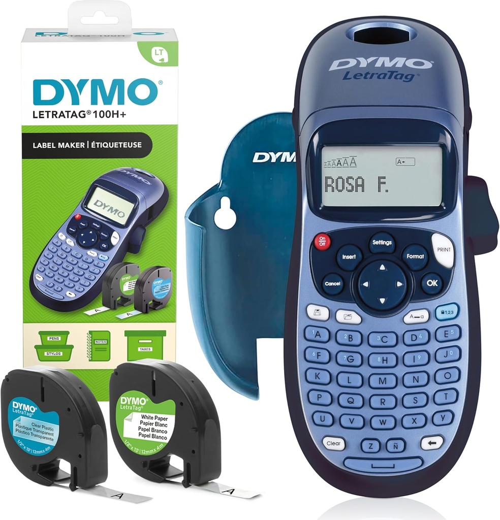 Producător de etichete portabil DYMO LetraTag LT-100H+ cu suport | Imprimantă portabilă de etichete cu tastatură ABC | cu hârtie și etichete din plastic transparent | Ideal pentru birou și acasă
