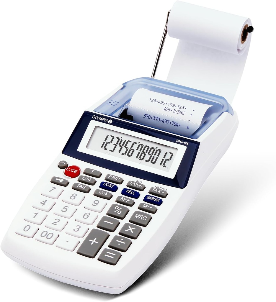 Calculator de birou Olympia cu rolă de hârtie cu afișaj LCD cu 12 cifre I Calculator la îndemână cu rolă de hârtie de 57 mm lățime și rolă de cerneală albastră IR 40 I Calculator de buzunar cu rolă de hârtie și baterii