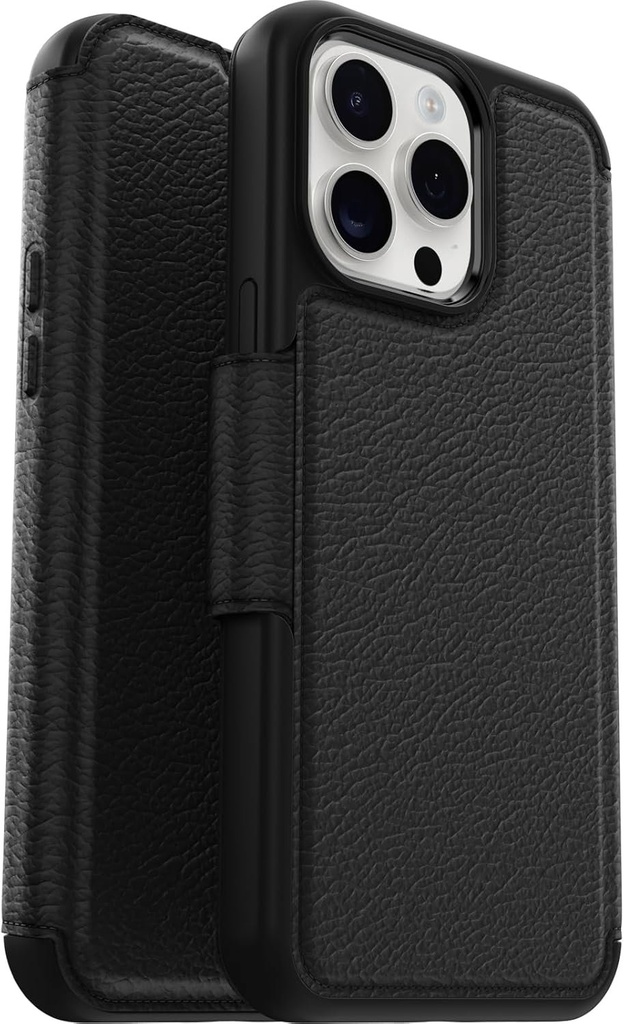 Husa OtterBox Strada pentru iPhone 15 Pro Max pentru MagSafe, rezistenta la socuri, rezistenta la cadere, folie din piele premium cu suporturi duble pentru carduri, testata de 3 ori conform standardului militar, neagra, fara ambalaj de vanzare cu amanuntul