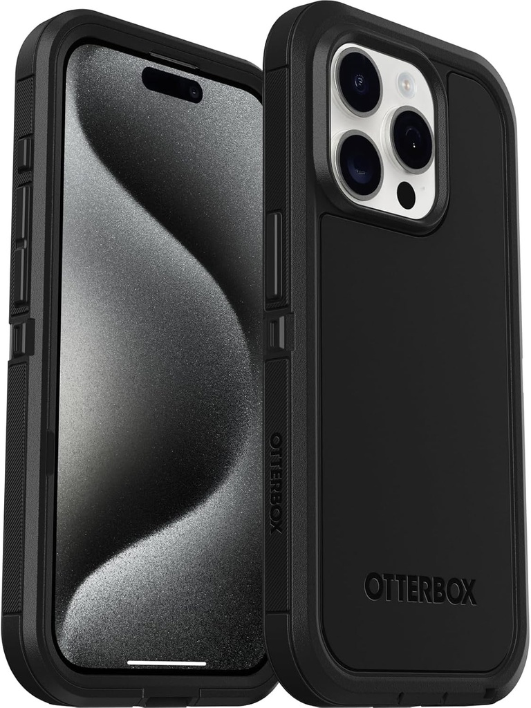 Husa Otterbox Defender XT pentru iPhone 15 Pro cu MagSafe, rezistenta la socuri, la cadere, rezistenta, rezista de 5 ori mai multe caderi decat standardul militar, neagra