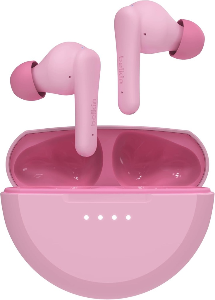 Casti intraauriculare Bluetooth Belkin SoundForm Nano 2 pentru copii cu microfon incorporat, 28 de ore de viata a bateriei, limita de volum de 85 dB, rezistenta la apa IPX5, pentru iPhone, iPad, Galaxy si altele - roz