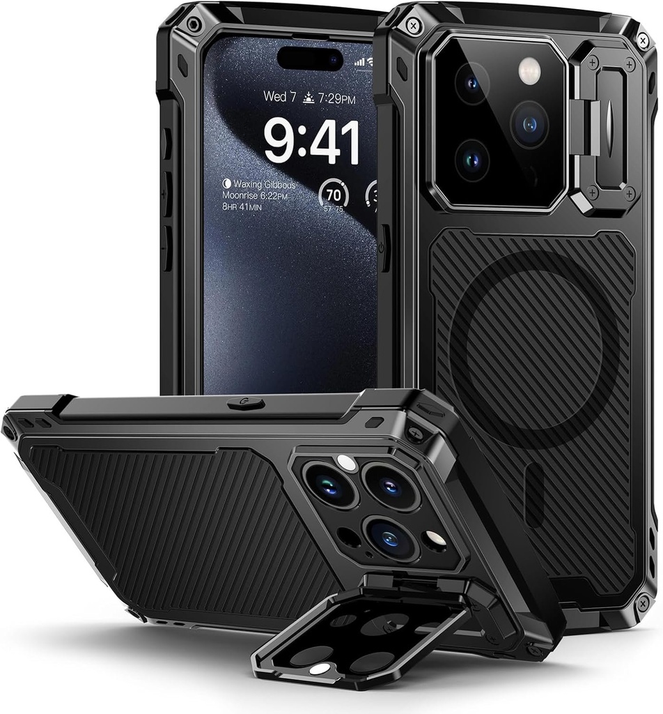 Husa Lanhiem pentru iPhone 15 Pro, [Protector ecran din sticla temperata][suport pentru camera] Husa rezistenta la socuri pentru husa metalica 15 Pro, husa de protectie completa pentru iPhone 15 Pro (negru)