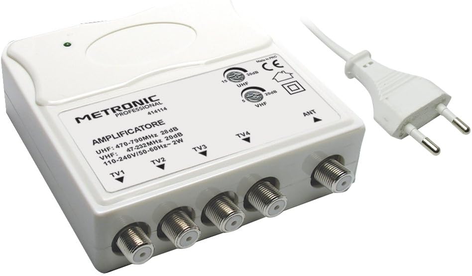 Metronic 414114 Amplificator TV VHF/UHF pentru digital terestre cu filtru LTE, VHF reglabil 20Db și UHF 28Db, 1 intrare/4 ieșiri, interior, alb