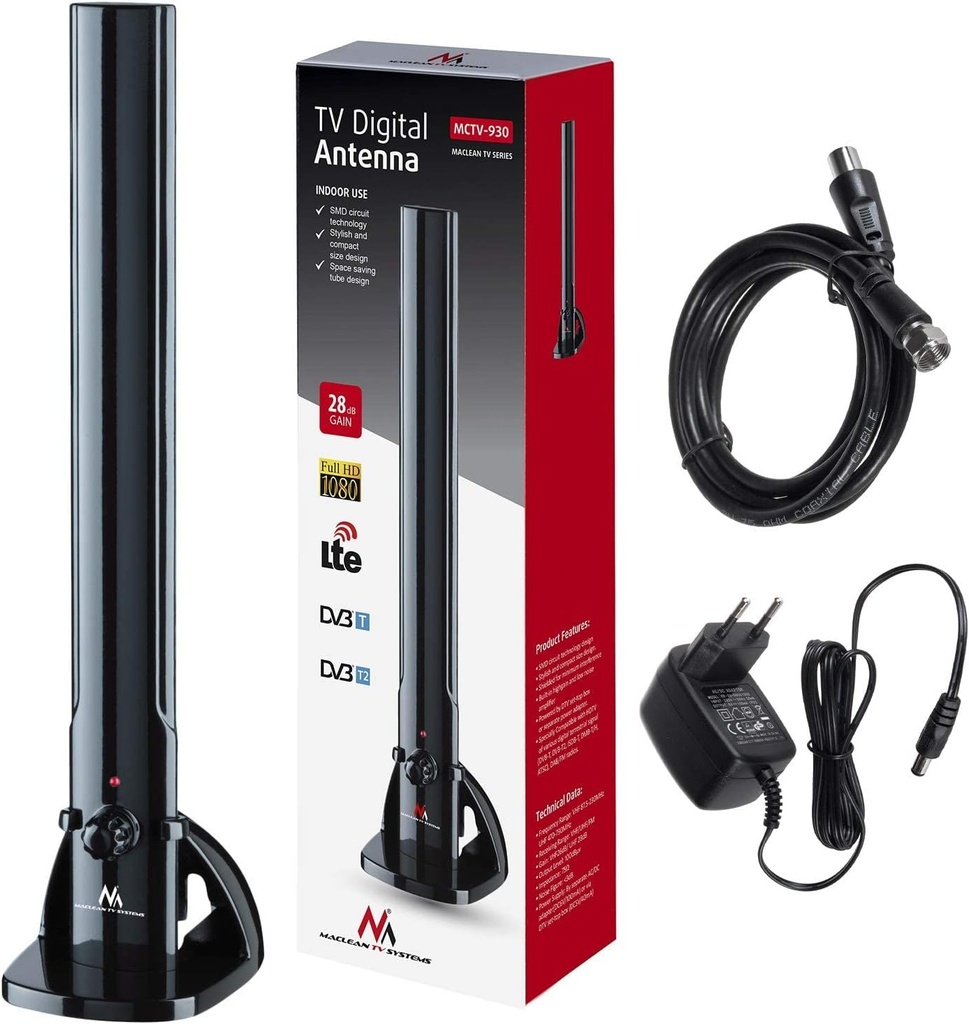 Maclean MCTV-930 Antenă de interior Antenă TV Radio HDTV DVB-T2 DVB-T LTE DAB FM 100dBµV Amplificator Digital Terestre