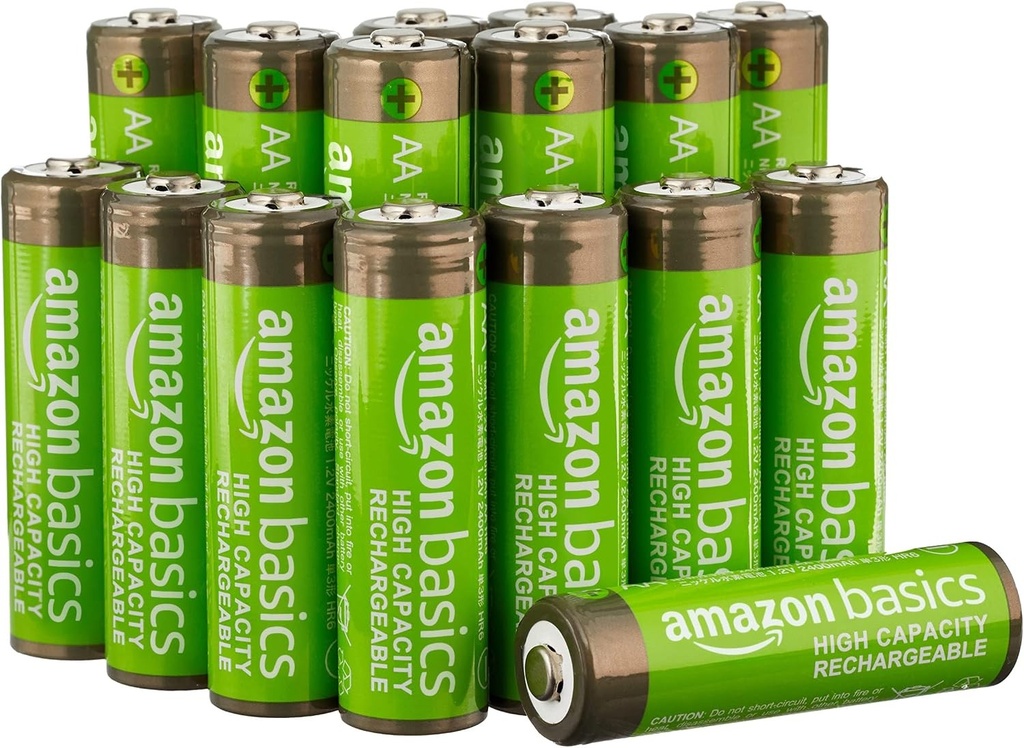 Baterii reincarcabile AA NiMH de mare capacitate Amazon Basics, 2400 mAh, preincarcate, pachet de 16