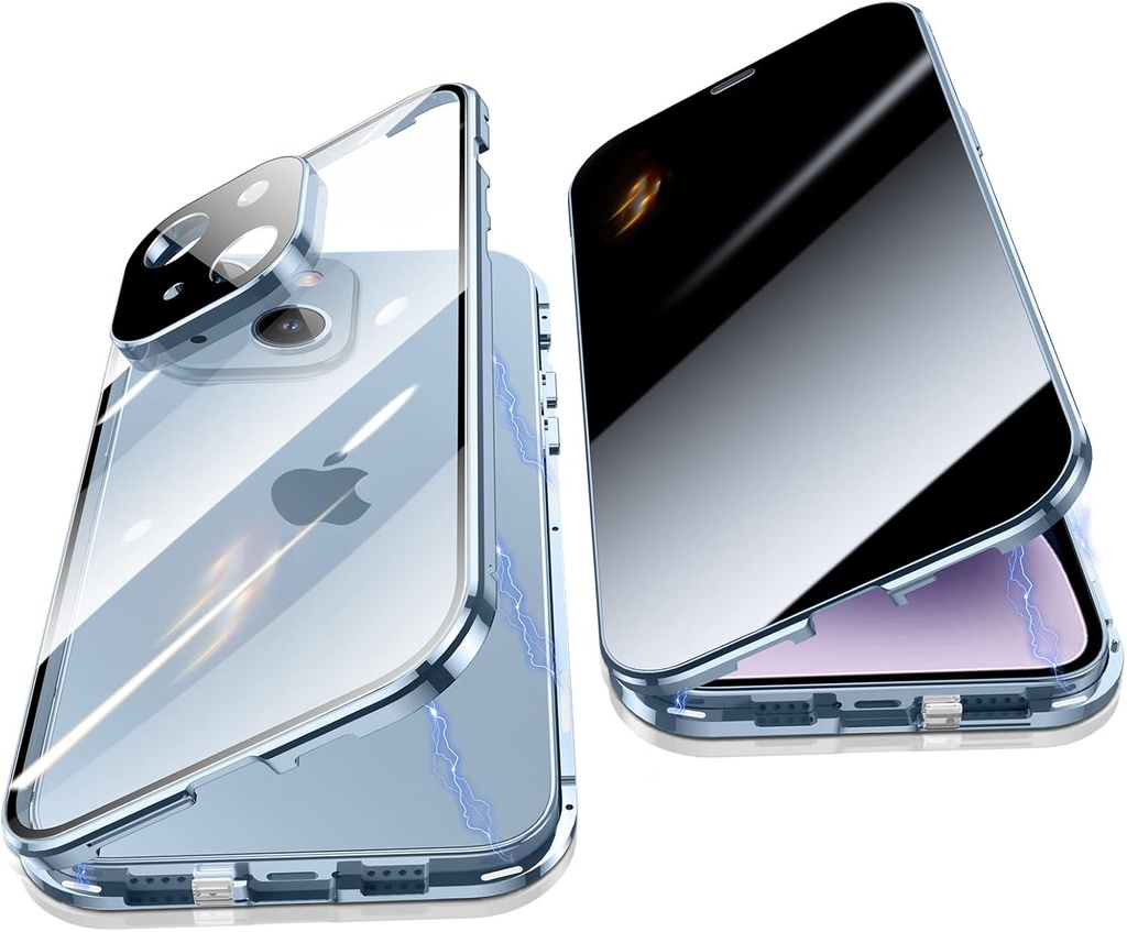 Husă Jonwelsy anti-peeping pentru iPhone 14 (6.1"), husă cu protecție la 360 de grade, husă anti-spion din sticlă securizată pentru confidențialitate, husă pentru telefon cu cadru metalic cu absorbție magnetică puternică pentru iPhone 14 (albastru)