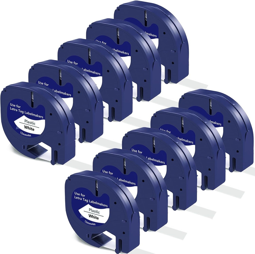 10 x Inlocuire pentru banda de etichete DYMO LetraTag Plastic alb Banda de etichetare 12 mm x 4 m pentru banda de etichete Dymo XR XM 50 2000 LT-100H LT-100T Plus LT-110T banda de etichete