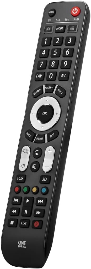 Telecomanda universală One For All Evolve 4 - Controlează 4 dispozitive (TV/Set Top Box/Blu-ray/Audio) - Funcționează garantat cu toți producătorii - Optimizat pentru Smart TV - URC7145