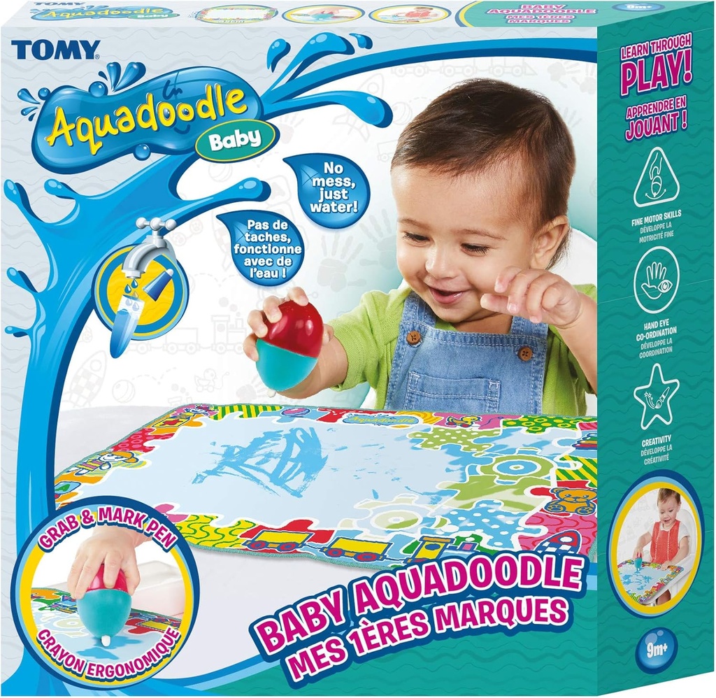 AquaDoodle Tomy - Primele mele semne, Covoraș de desen cu apă pentru bebeluși, Joc oficial de colorat și desenat Tomy, non-dezordonat, covoraș pentru bebeluși, băieți și fete, multicolor