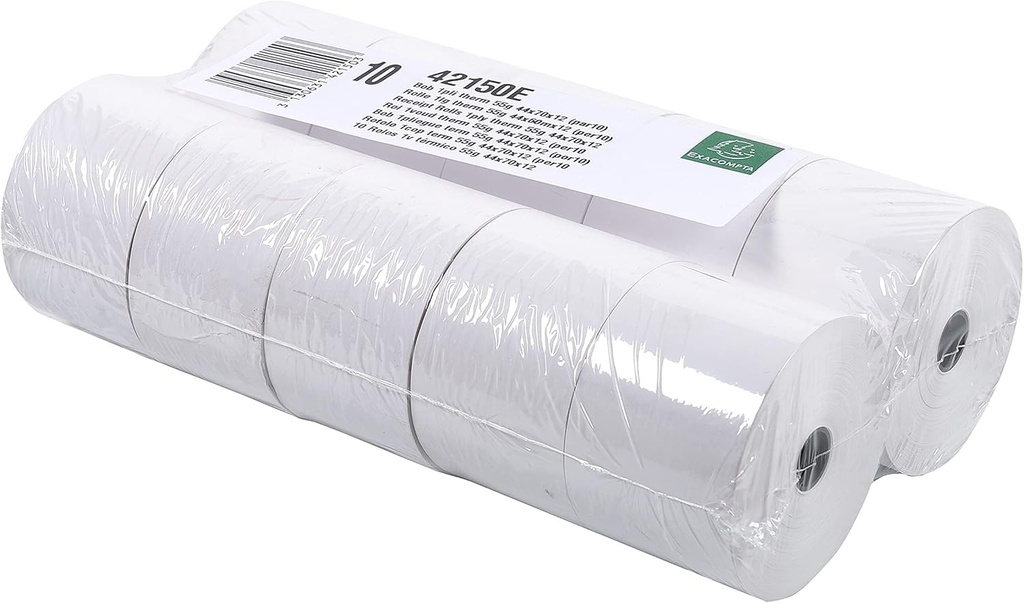 Exacompta 42150E - Pachet de 10 role de hartie termica cu 1 strat, latime: 44 mm, lungime: 60 m, diametru: 12 mm, 55 g/m², rola termica pentru case de marcat