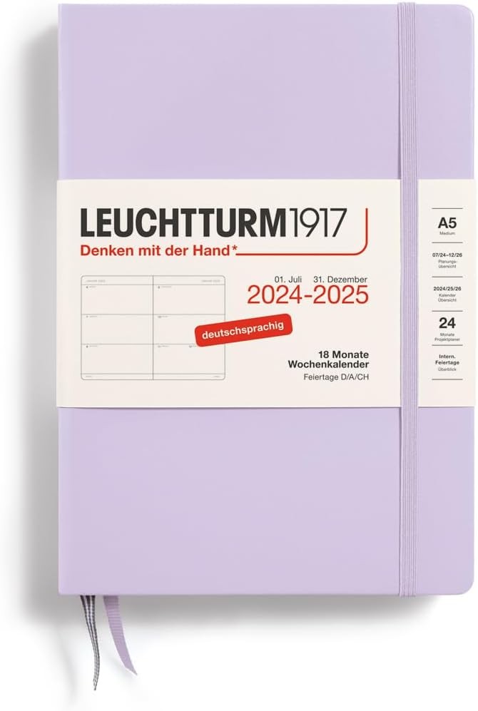 LEUCHTTURM1917 370626 Planificator saptamanal 2025, coperta cartonata medie A5 - Planificator 18 luni, 80 g, captusit - liliac
