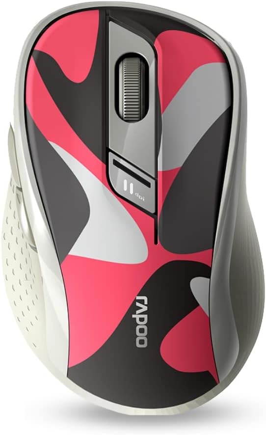 Mouse fara fir Rapoo M500 Silent cu senzor de 1600 DPI si 12 luni de viata a bateriei, butoane silentioase, design ergonomic pentru utilizatorii dreptaci de PC si Mac - camuflaj/rosu