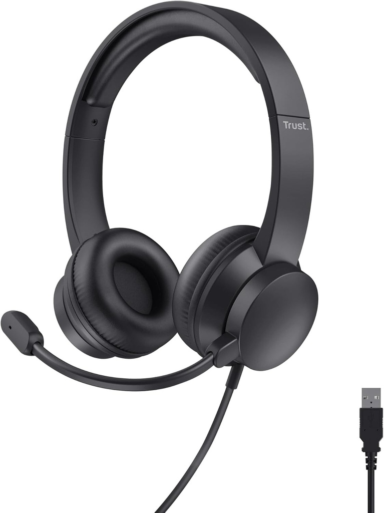 Trust Roha II Casti cu fir USB cu microfon, usoare, casti cu fir de 1,80 m, benta reglabila, casti cu fir pentru PC, laptop, Mac, birou, Skype Teams Zoom - negru