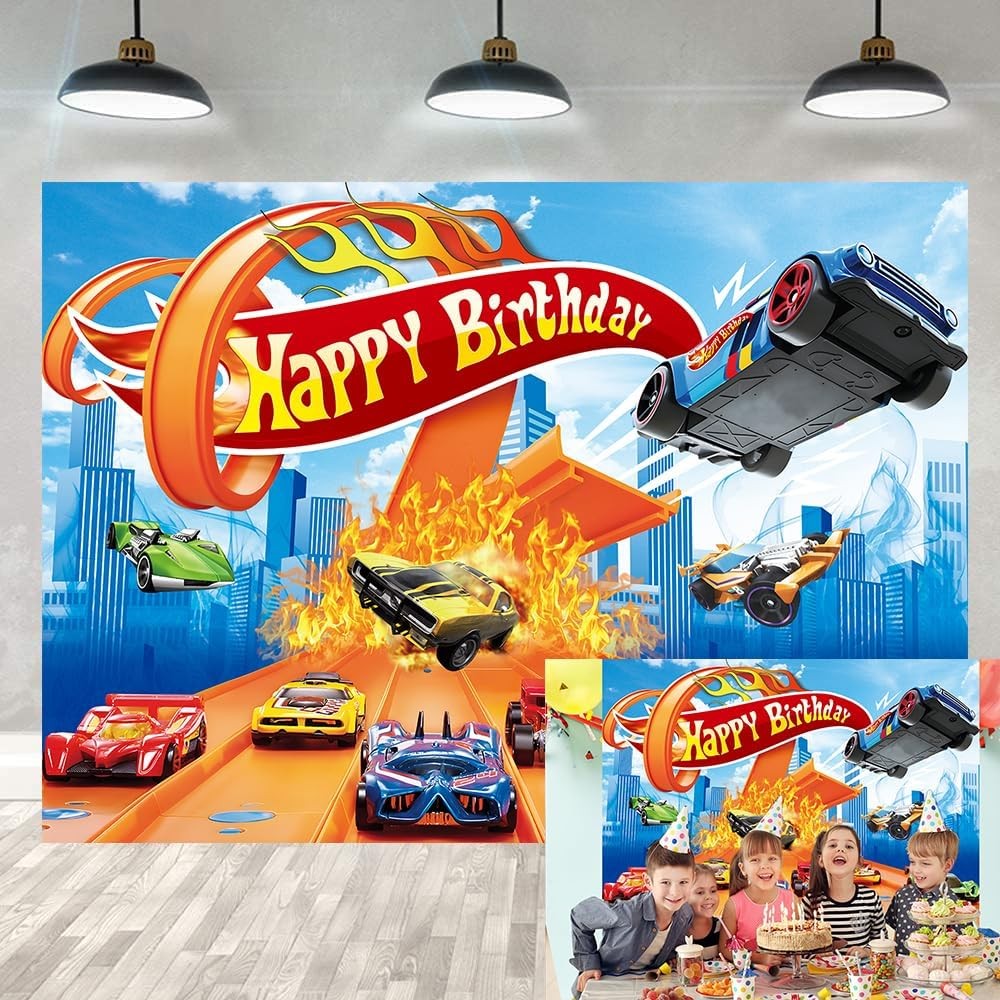 Hot Cars Racing Fundal pentru petrecerea de la multi ani Banner cu masini de curse cu desene animate pentru copii, baieti, pentru decoratiuni pentru prima zi de nastere (7x5ft)