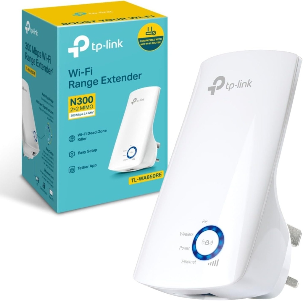 TP-Link TL-WA850RE N300 Extensor de gamă universal, Extensor de bandă largă/Wi-Fi, Booster Wi-Fi/Hotspot cu 1 port Ethernet, Plug and Play, Mod punct de acces încorporat, mufă UK, alb