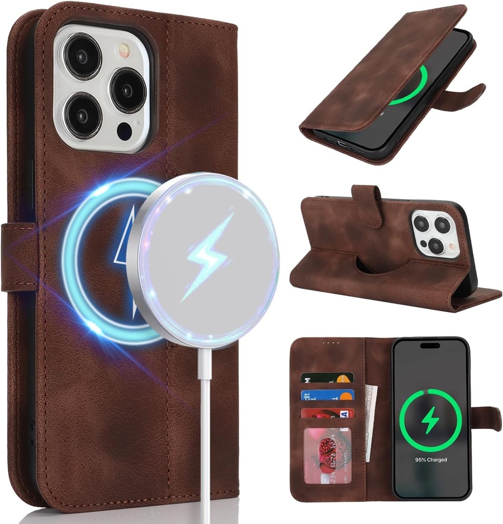 Husa SailorTech pentru iPhone 15 Pro Max cu slot pentru card pentru femei, husa pliabila pentru iPhone 15 Pro Max, husa de protectie tip portofel cu fanta pentru card pentru barbati - maro inchis