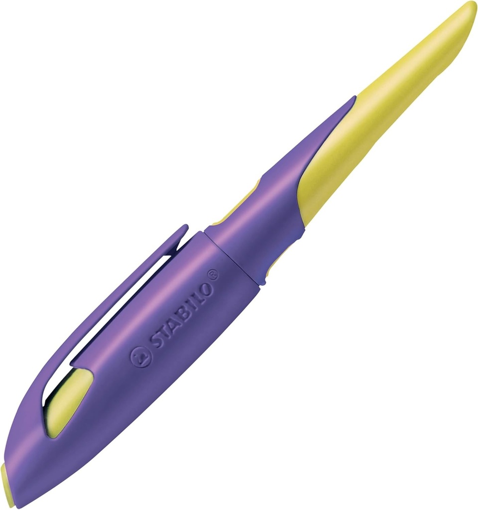 STABILO - Pix ergonomic scolar pentru dreptaci cu penita pentru incepatori A - EASYbirdy in violet/galben - pix unic - include cartus - cerneala culoare albastru (sters)