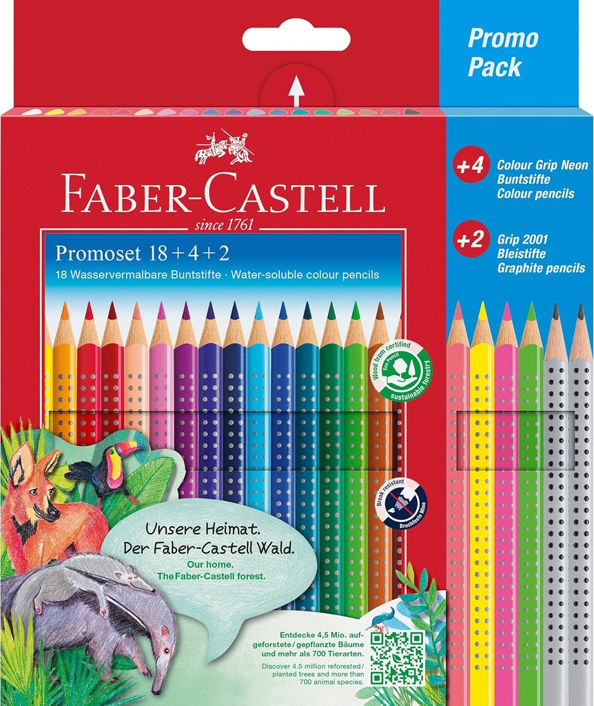 FABER-CASTELL 201540 - Set creioane colorate pentru copii și adulți, 24 de piese, triunghiulare, rezistente la spargere, inclusiv 4 culori neon și 2 creioane