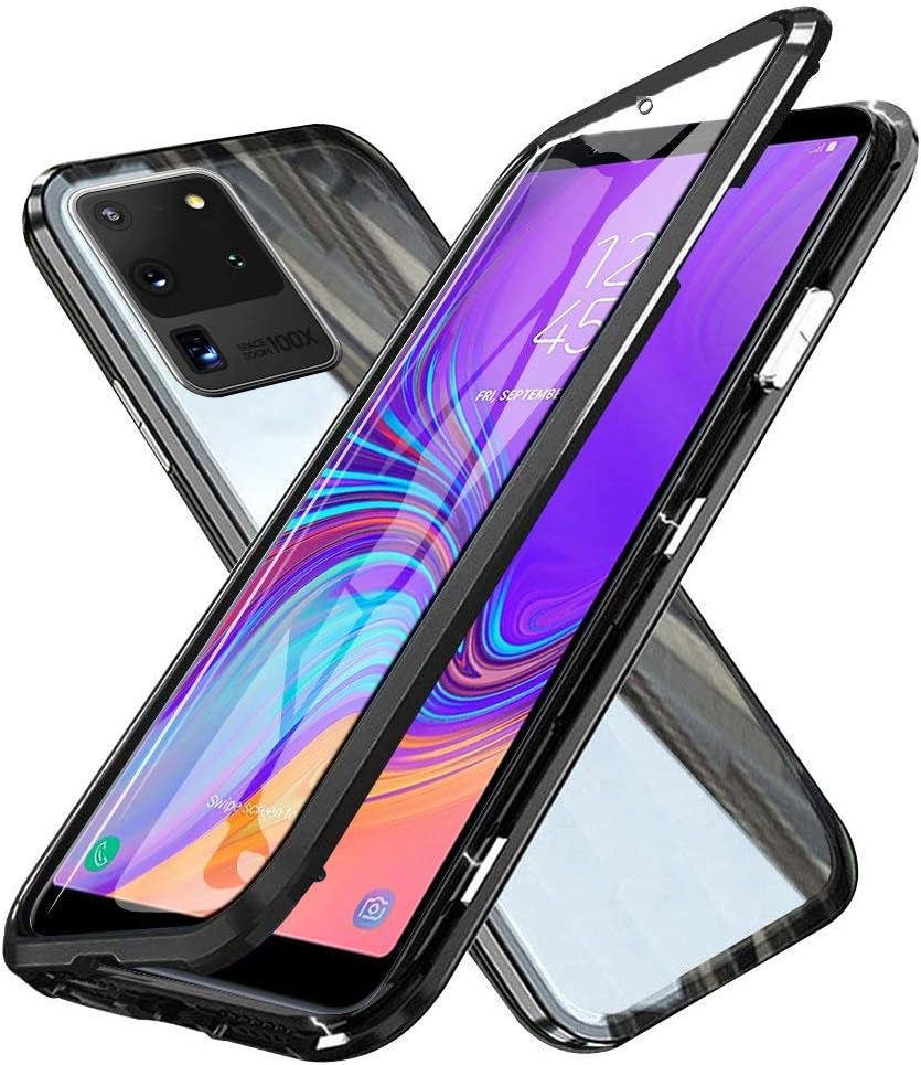 Compatibilă cu husă Samsung Galaxy S20 Ultra 5G, cadru metalic magnetic 360 ​​de grade Husă pentru telefon din sticlă securizată față și spate Husă magnetică din sticlă temperată Husă cu două fețe, negru