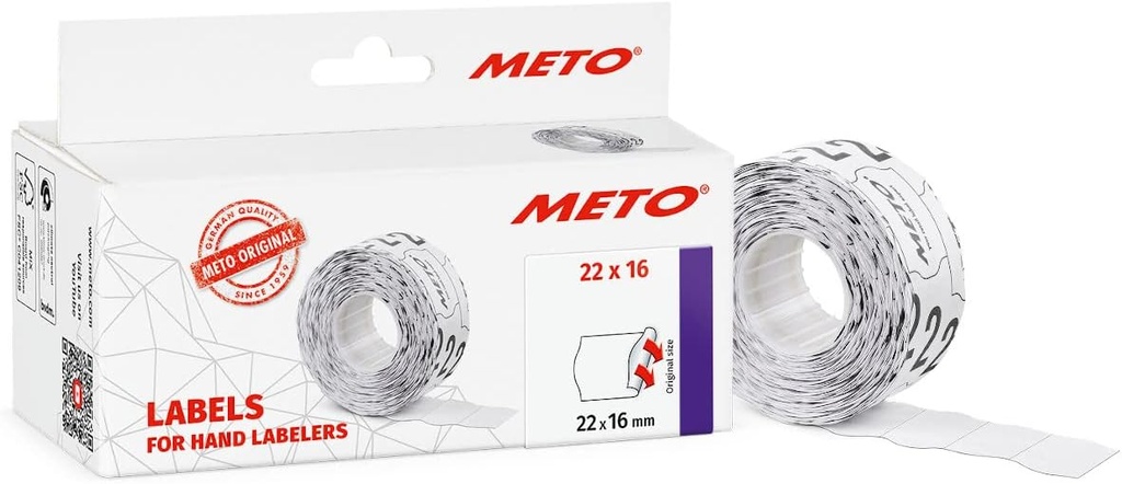 Etichete Meto pentru mașină de etichetat manuală, ref. 9506159 (22 x 16 mm, 2 linii, 6000 etichete, adeziv permanent, pentru dispozitive Meto, Contact, Sato, Avery, Tovel, Samark etc.) 6 role, hârtie